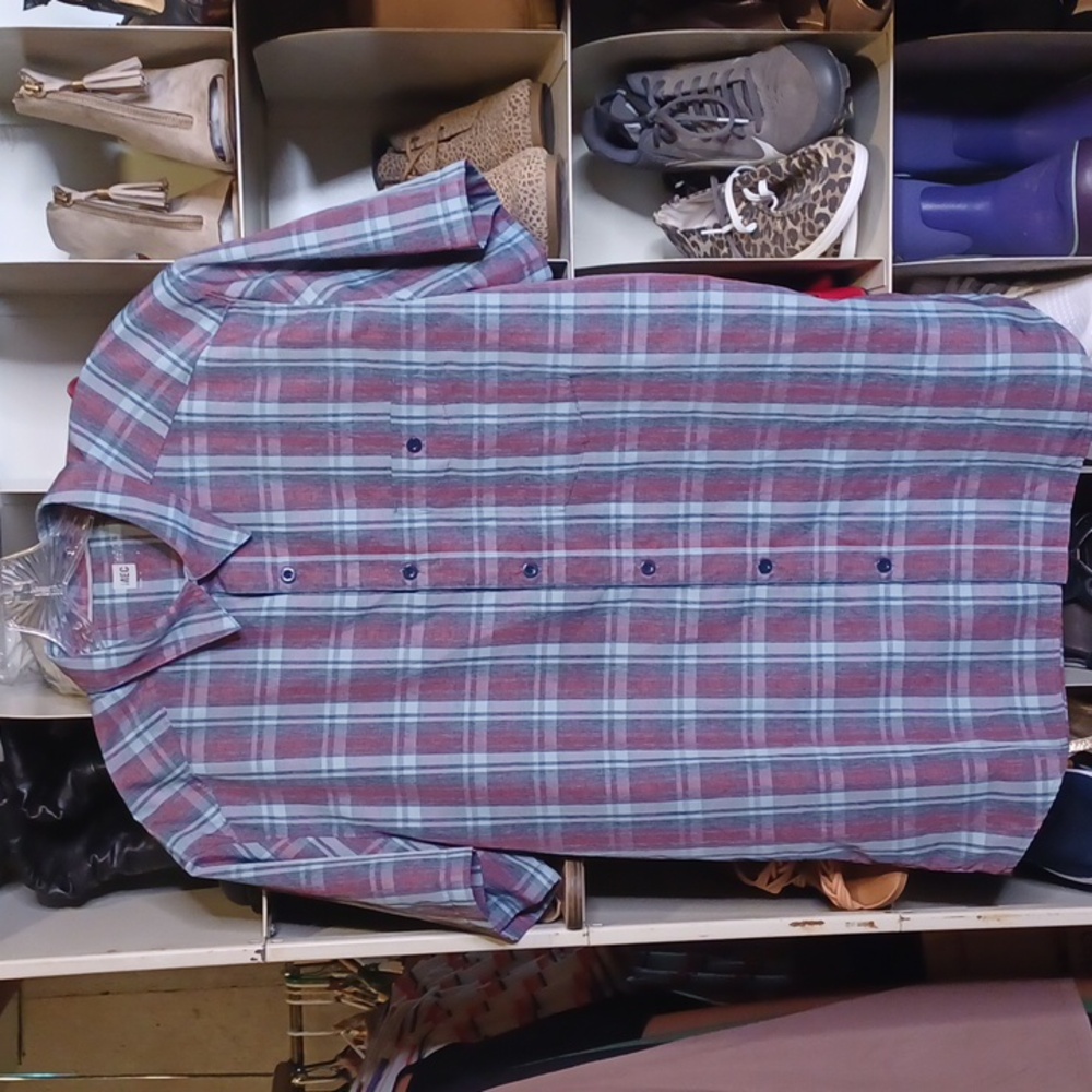 MEC Men's Blue and Red Plaid Button Down Shirt Size L